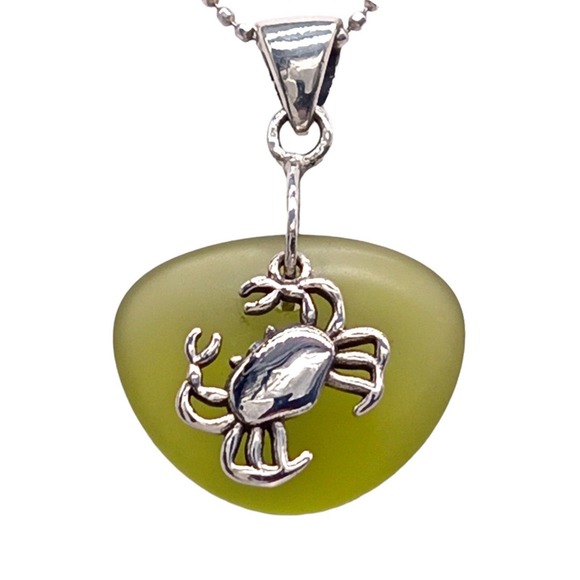 925 Sterling Silver Sea Glass Pendant Zodiac Cancer Crab Green Handmade Necklace - Picture 2 of 5